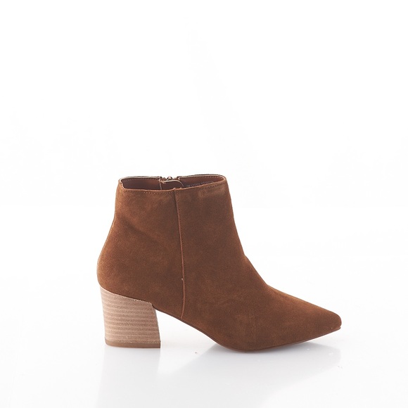 Kensie Lyden Suede Leather Block Heel Bootie Brown Cow Suede Upper Side Zipper - Picture 2 of 7